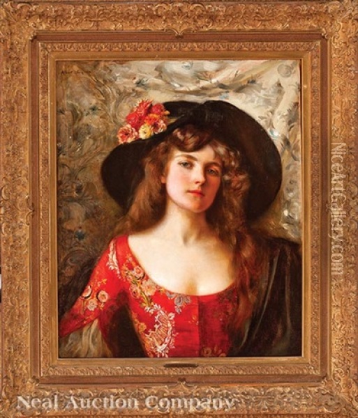 Portrait In Auburn And Chinese Red Oil Painting - Albert Lynch