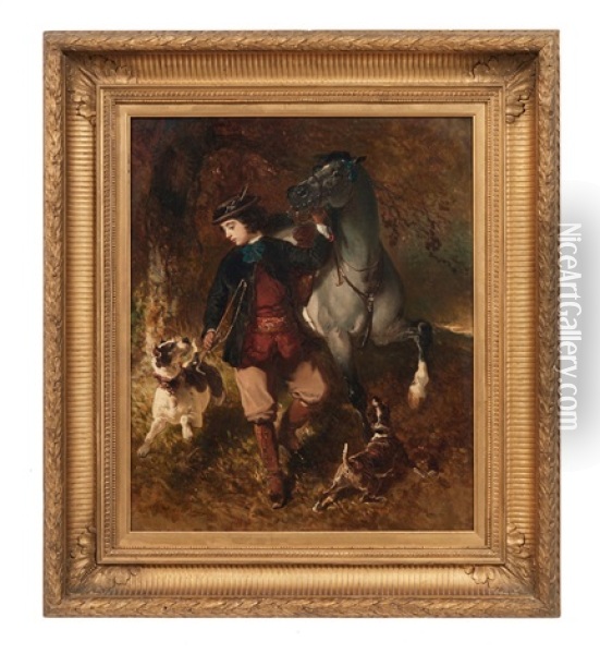 Jeune Cavalier Tenant Son Cheval Par La Bride Et Ses Chiens Oil Painting - Alfred De Dreux