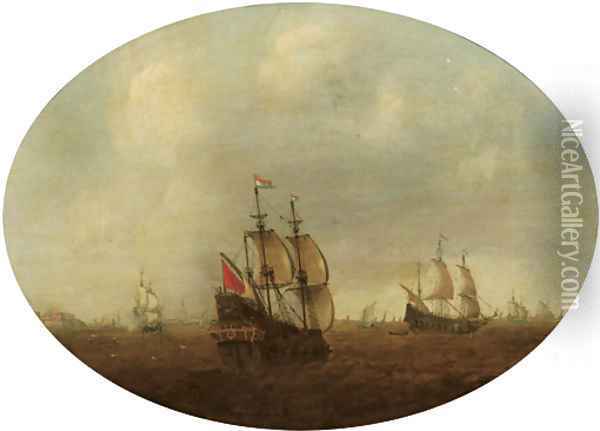 Dutch men o' war in choppy waters, a fortified town and church in the distance Oil Painting - Dutch School