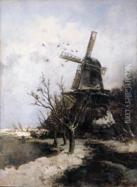 Jour Neigeux: A Windmill In The Snow Oil Painting - Jacob Henricus Maris