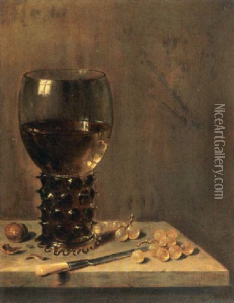 A Still Life With A Roemer, A Walnut, White Grapes And A Knife, All On A Ledge Oil Painting - Willem Claesz Heda