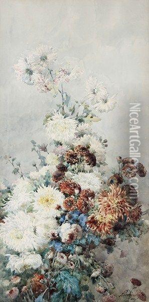 Fleurs, Dahlias, Bleuets Oil Painting - Francois Rivoire