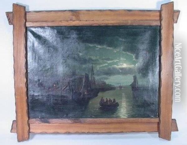Dutch Canal Nocturne Oil Painting - Theodor Genenger