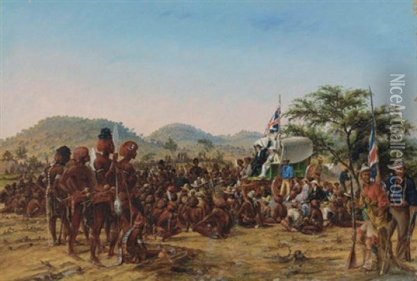 The Reved. C.h. Hahn, Addressing The Damara Commando Mustered At Dabbie Choup, Under C.j. Andersson And F. Green, To Attack The Namaqua Hottentots Under Jan Jonker. Monday June 6th Oil Painting - John Thomas Baines