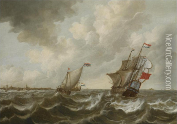 Dutch Shipping In Stormy Waters, Off The Coast Of Middelburg,with A View Of Vlissingen And The Fort Rammekens In Thedistance Oil Painting - Pieter Jansz. Coopse