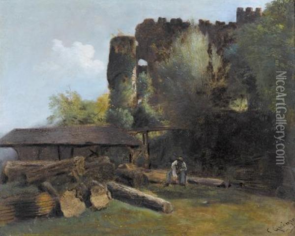 Ruines Du Chateau De La Rochette Oil Painting - Charles Louis Guigon