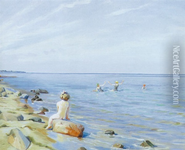 Badende Piger Ved Stranden Oil Painting - Harald Slott-Moller