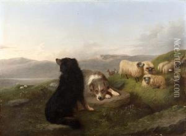 A Collie And Flock On A Mountain Ridge Oil Painting - Joseph Horlor