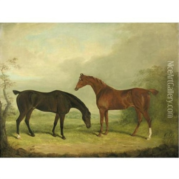 Two Horses In A Landscape Oil Painting - James Barenger the Elder