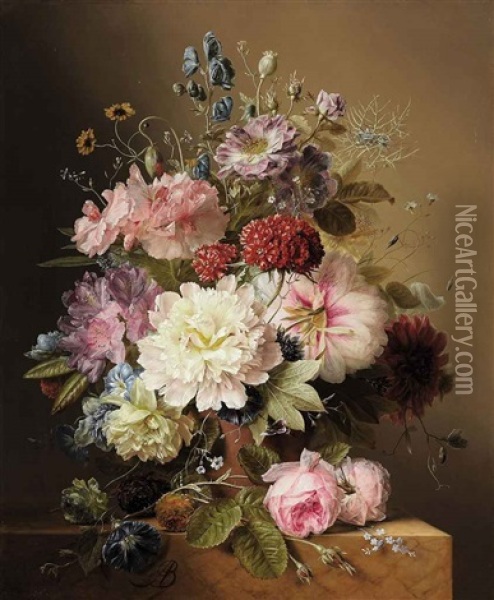 Still Life With Peonies, Rhodedendran, Auricula, Roses, And Summer Flowers, In An Urn, On A Marble Ledge Oil Painting - Arnoldus Bloemers