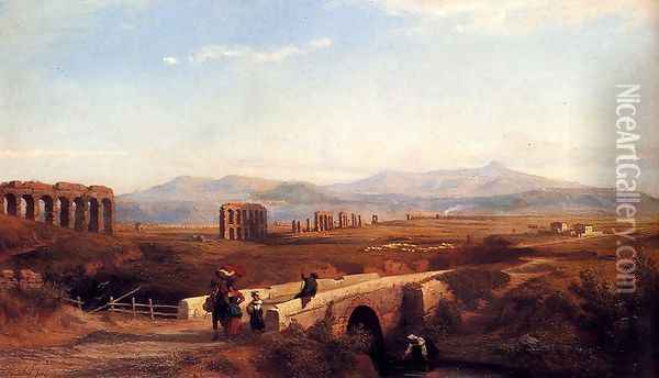 Peasants On A Bridge With Roman Ruins Beyond Oil Painting - Franz Knebel