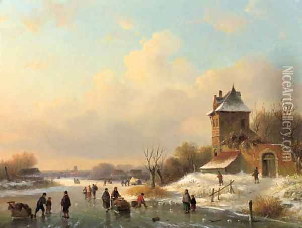 A winter landscape with skaters by a fortified mansion Oil Painting - Dutch School