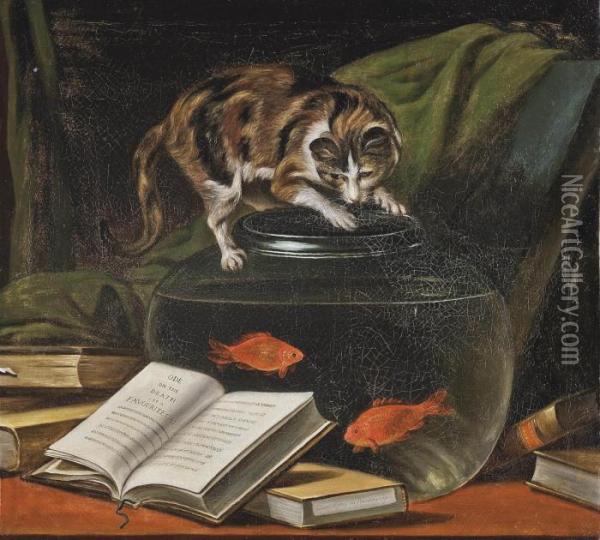 Ode On The Death Of A Favorite Cat Drowned In A Tub Of Goldfishes Oil Painting - Martin Ferdinand Quadal