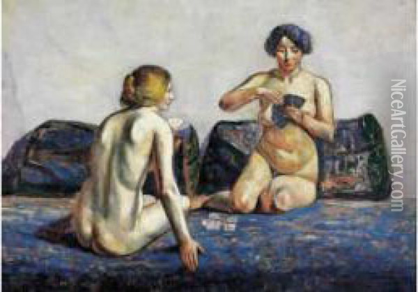 Femmes Nues Jouant Aux Cartes Oil Painting - Georgette Agutte