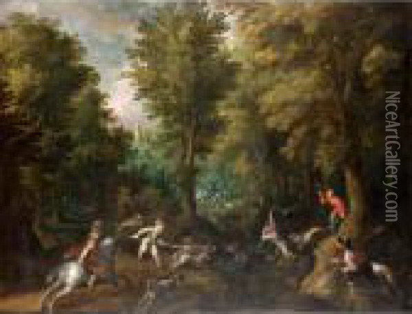 Hunters And Their Dogs Chasing A Boar In A Wooded Landscape Oil Painting - Paul Bril