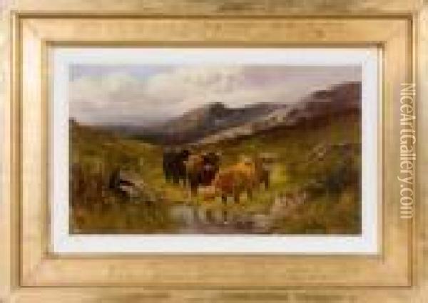 Landscape With Cattle At Water Trough With Mountains In Background Oil Painting - William Langley