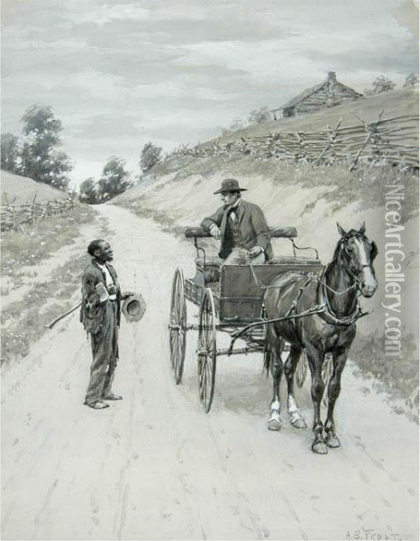 Black Worker Talking To A Man In Ahorsedrawn Buggy. Oil Painting - Arthur Burdett (Sr.) Frost
