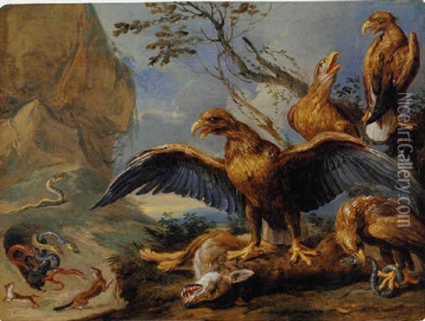 Eagles And Serpents Attacking Foxes Oil Painting - Jan van Kessel the Elder
