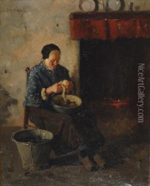 Peeling Potatoes Oil Painting - Jan Harm Weyns