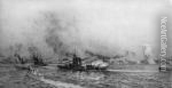 Battle Cruisers In Action At Jutland Oil Painting - William Lionel Wyllie