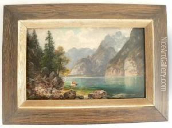 Mountain Landscape With Figures In A Canoe Moving Though A Placid Lake. Oil Painting - J.J. Sikell