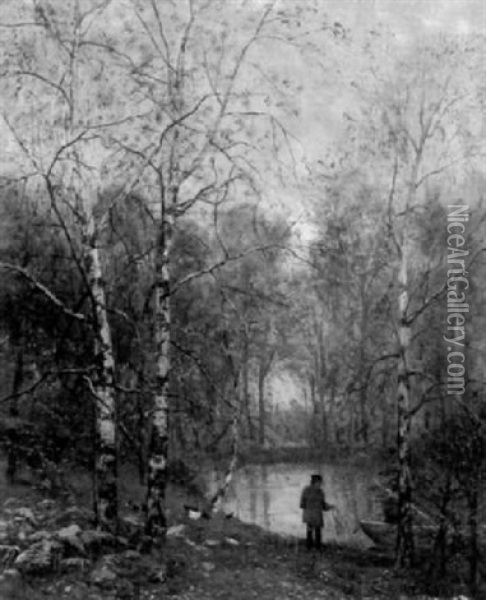 Herbstlicher Birkenwald Mit Fahrleuten An Einem Gewasser Oil Painting - Carl Irmer