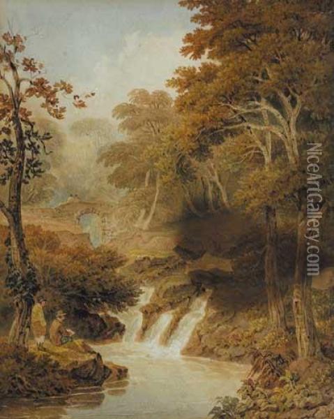 Figures By A Small Cascade With A Stonebridge Beyond Oil Painting - Paul Sandby