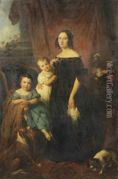 Portrait Of Cornelia Wilhelmina Cheriex-nicola (1814-1908) And Her Daughters Catharine Nicola (1839-1868) And Wynanda Nicola (1837-1921) Oil Painting - Cornelis Kruseman