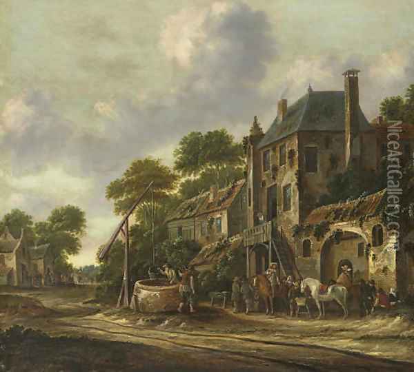 Travelers in a village landscape Oil Painting - Barend Gaal Harlem