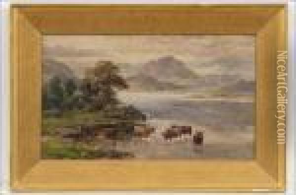 Lehmia Juomapaikalla - Kor Vid Vattendrag. Oil Painting - William Langley