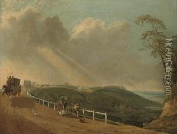 A View Of Hampstead Heath With A
 Coach And Travellers In The Foreground, Kenwood House Beyond Oil Painting - Philip Jacques de Loutherbourg