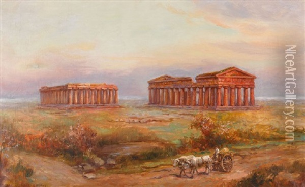 Die Griechischen Tempel Von Paestum Im Abendrot Oil Painting - Max Usadel