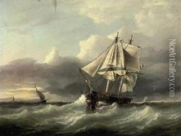 A French Coastal Trader Anchored In A Heavy Swell Off The Lowcountries Oil Painting - Joannes Frederick Schutz