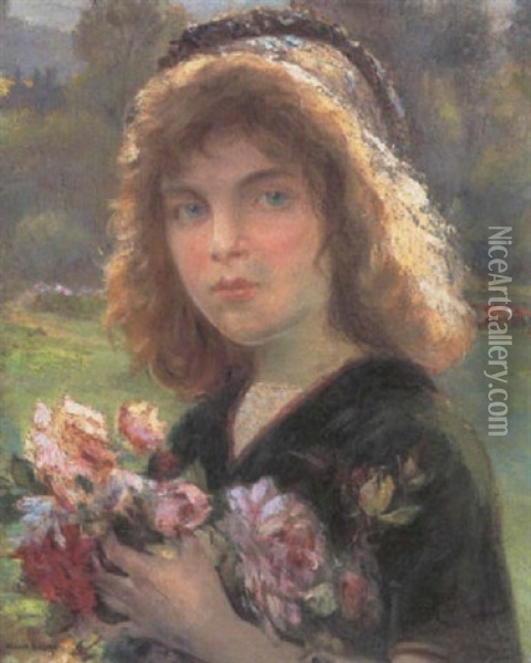 Lille Pige Med Blomsterbuket Oil Painting - Albert Baure