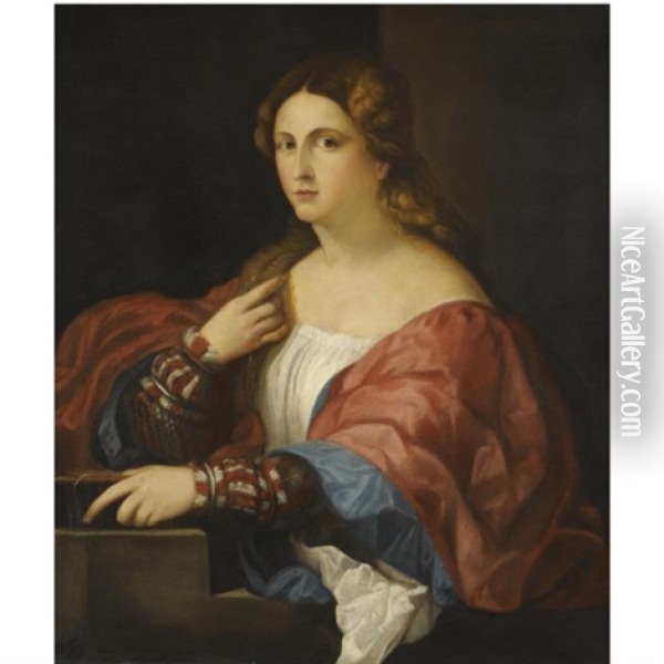 Portrait Of A Young Lady, Half Length, Wearing A Red And Blue Tunic, Holding A Book Oil Painting - Jacopo Palma il Giovane