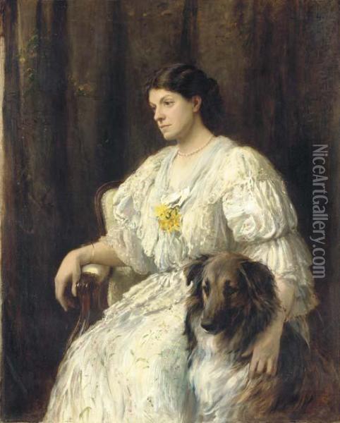 Portrait Of A Lady With Her Collie, Seated, Three-quarter Length Oil Painting - Heywood Hardy