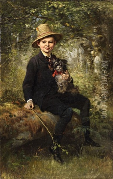 Portrait Of A Boy With A Dog In A Forest Oil Painting - Ludwig Knaus