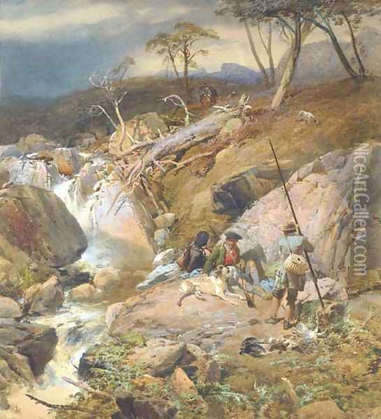 A Highland burn with an angler conversing with two gillies other sportsmen can be seen approaching from the distance Oil Painting - Thomas Miles Richardson, Jnr.
