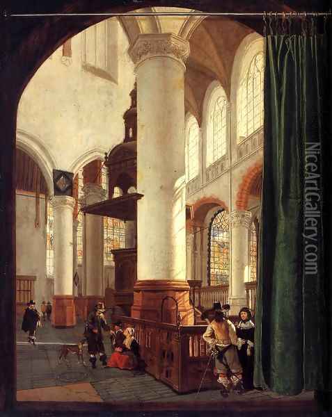 Interior of the Oude Kerk, Delft, with the Pulpit of 1548 Oil Painting - Gerard Houckgeest