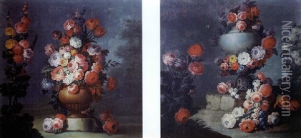 Bouquet De Fleurs Sur Un Entablement (+ Another, Similar; Pair) Oil Painting - Michel Bruno Bellanger