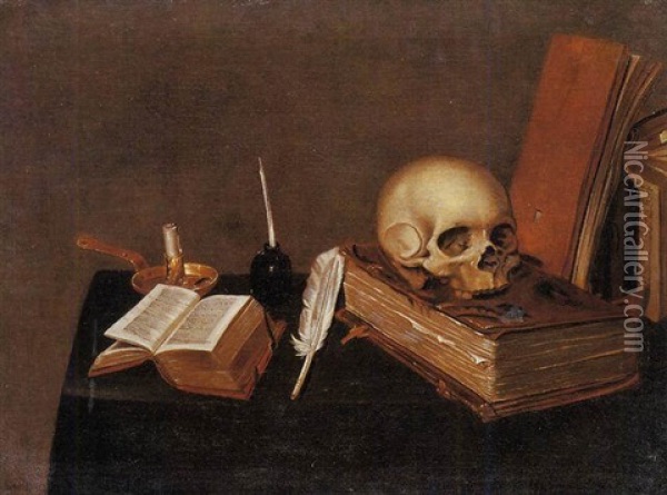 A Vanitas Still Life With A Candle, An Inkwell, A Quill Pen, A Skull And Books Oil Painting - Michael Conrad Hirt