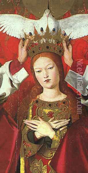 The Coronation of the Virgin, detail: the Virgin 1453-54 Oil Painting - Enguerrand Charonton