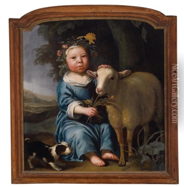 Ein Blumenbekranztes Kind Mit Schaf Und Hundchen In Einer Landschaft Oil Painting - Jacob Gerritsz Cuyp