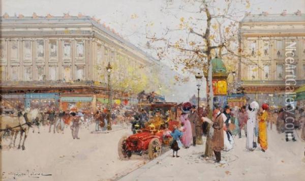 Un Taxi, Boulevard De La Madeleine Oil Painting - Eugene Galien-Laloue