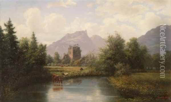 Kuhe Am Teich Vor Ruine Und Gebirgslandschaft Oil Painting - Karl Christian Wymann Mory
