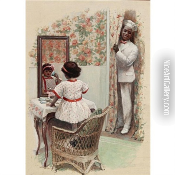 Young Girl At Her Toilette, Cream Of Wheat Advertisement Oil Painting - William V. Cahill