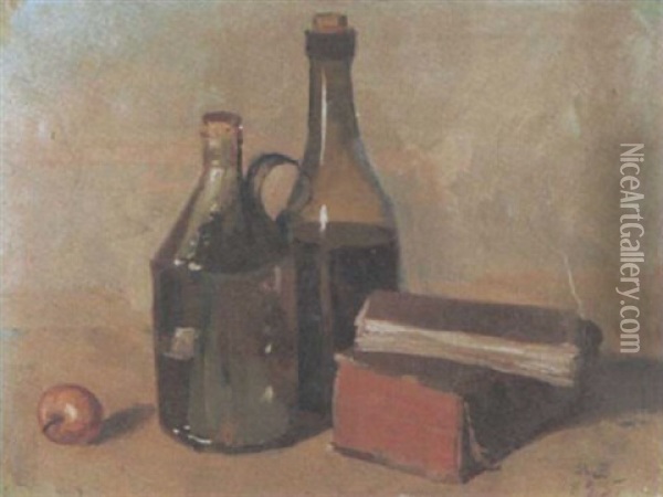 Stilleben Mit Weinflaschen Und Buchern Oil Painting - Wilhelm Balmer