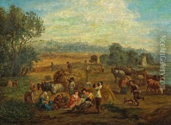 An Extensive Landscape With Peasants Harvesting Oil Painting - Theobald Michau