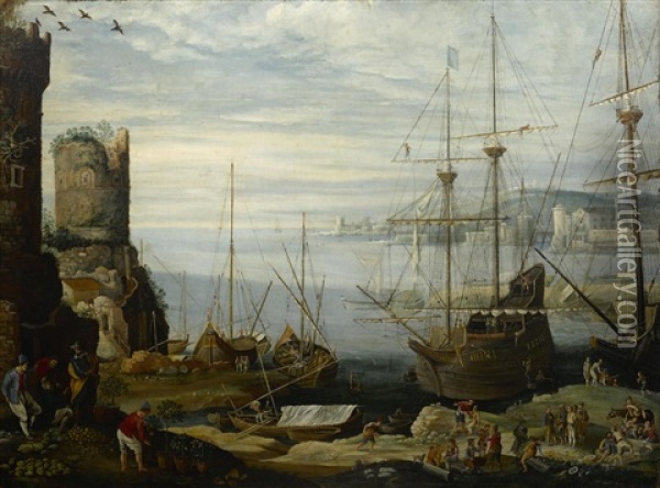 A Capriccio Harbor Scene With Boats, Ships And Numerous Figures In The Foreground Oil Painting - Paul Bril