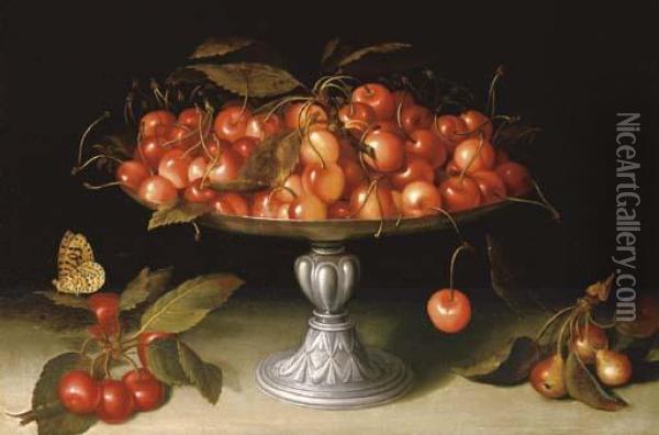 Cherries In A Silver Compote With Crabapples On A Stone Ledge And A Fritillary Butterfly Oil Painting - Galizia Fede
